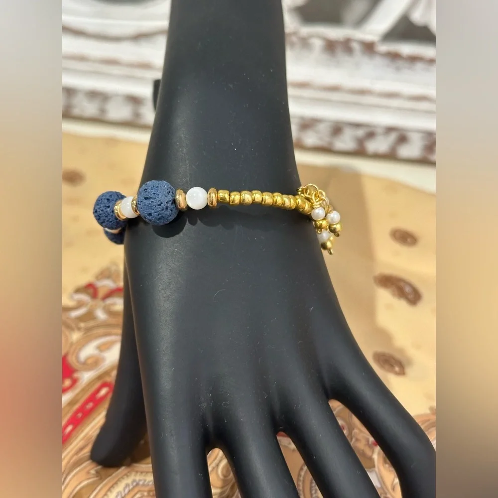 Elegant Blue Lava Stone and Gold Beaded Bracelet - Picture 3 of 4